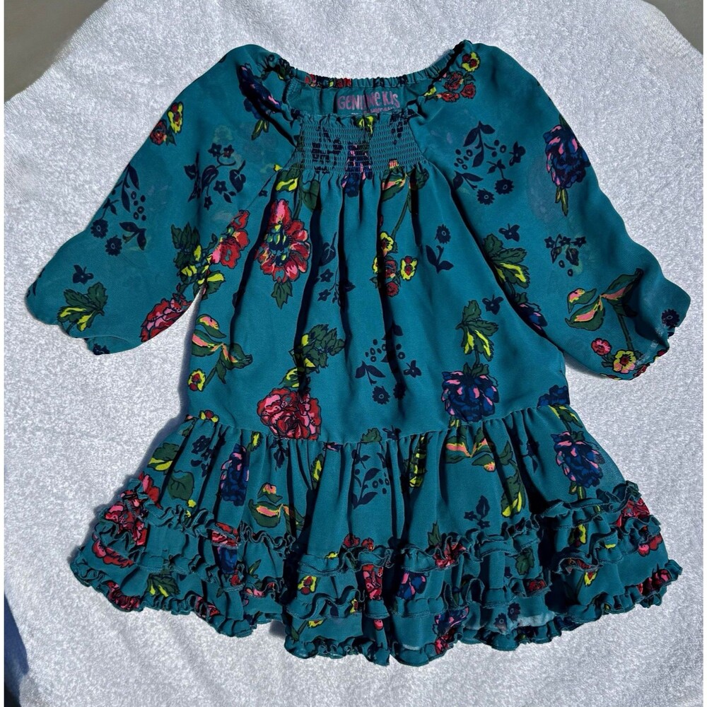 Genuine Kids from OshKosh Girls 4T Teal Floral Smocked Ruffle Cotton Dress